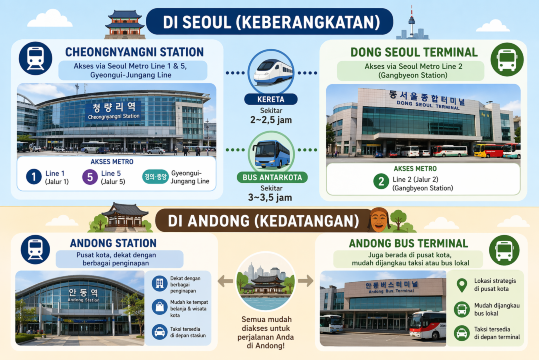 Di Seoul (Keberangkatan):
🚆 Cheongnyangni Station — Akses via Seoul Metro Line 1 & 5, Gyeongui-Jungang Line
🚌 Dong Seoul Terminal — Akses via Seoul Metro Line 2 (Gangbyeon Station)
Di Andong (Kedatangan):
🚆 Andong Station — Pusat kota, dekat dengan berbagai penginapan
🚌 Andong Bus Terminal — Juga berada di pusat kota, mudah dijangkau taksi atau bus lokal
