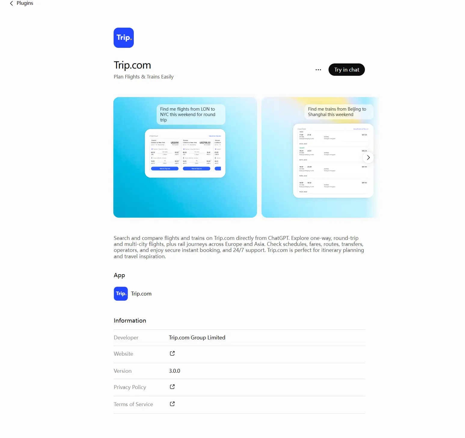 What is the Trip.com app in ChatGPT?
