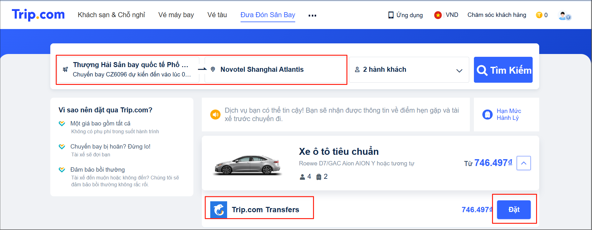 Chọn Điểm Đến và Loại Xe Trip.com