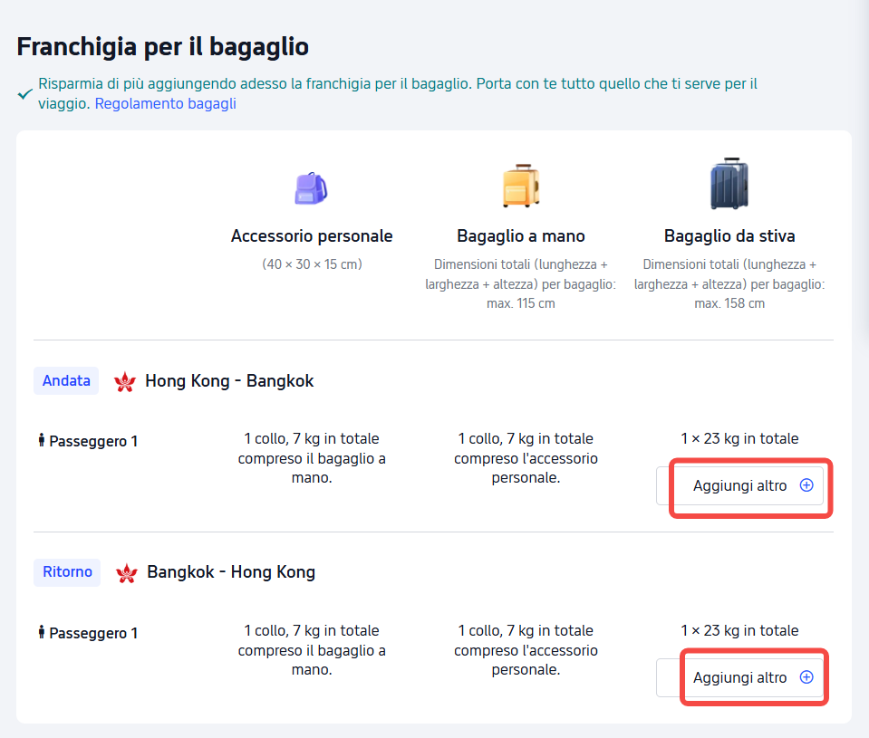 Come aggiungere bagaglio extra
