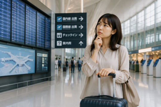 空港で悩む女性