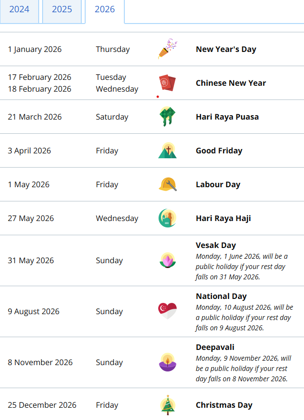 Calendar Singapore Public Holiday 2026