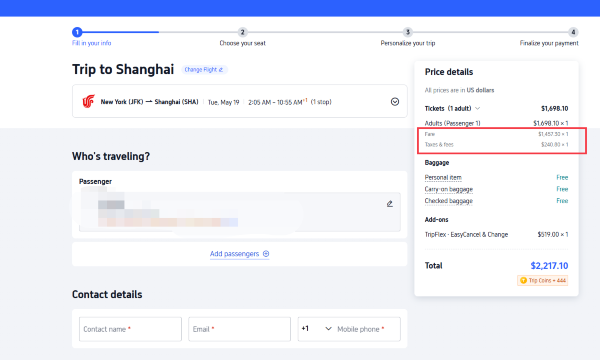 New York to Shanghai flight booking page on Trip.com
