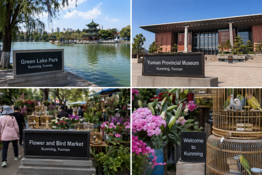 give me photo of green lake park, yunnan provincial museum, flower and bird market kunming