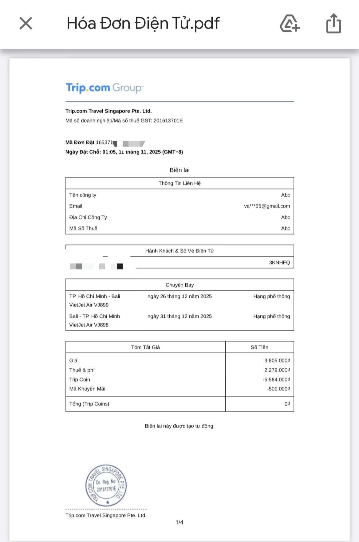 Hóa Đơn Điện Tử Trip.com