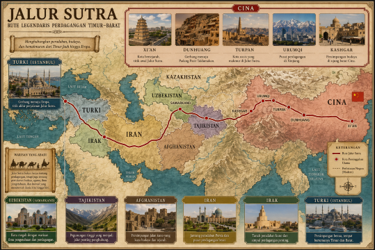 Rute legendaris ini melewati:
🇨🇳 China: Xi'an → Dunhuang → Turpan → Urumqi → Kashgar
🌍 Asia Tengah: Uzbekistan (Samarkand), Tajikistan, Afghanistan
🕌 Timur Tengah: Iran, Irak
🇹🇷 Eropa: Turki (Istanbul)