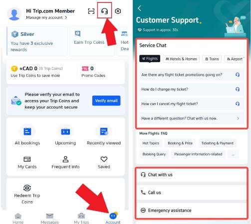Trip.com Customer Service options
