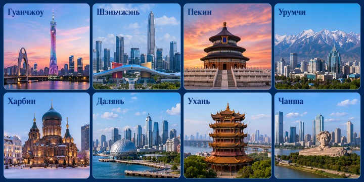 画面有广州/深圳/北京/乌鲁木齐/哈尔滨/大连/武汉/长沙的标志性建筑，左上角是该城市的俄语名，城市以4*2方式排列