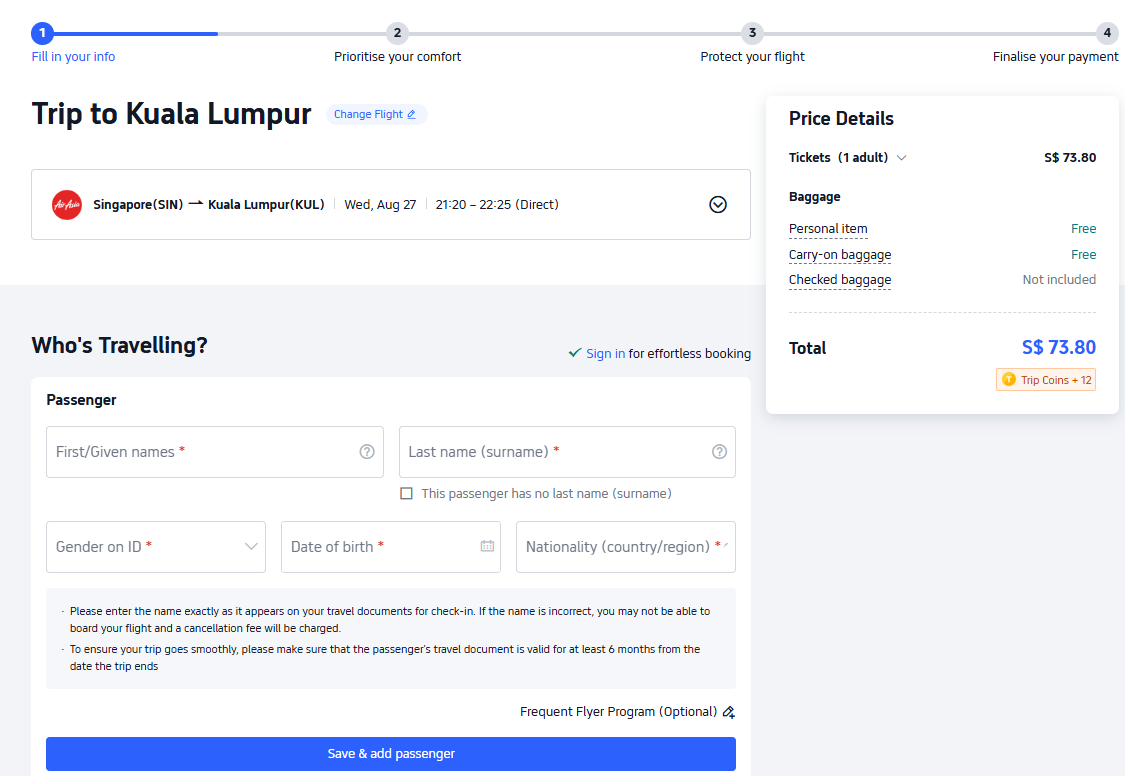Fill in passenger details on trip.com
