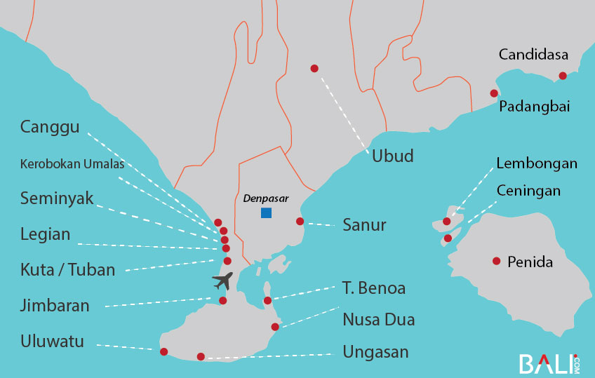 Best Bali Maps for Tourists:  Southern Bali hotspots