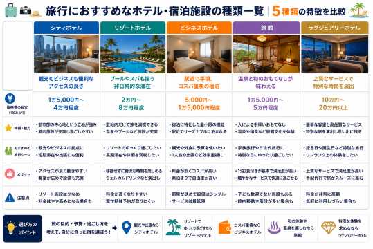 旅行におすすめなホテル・宿泊施設の種類一覧|5種類の特徴を比較