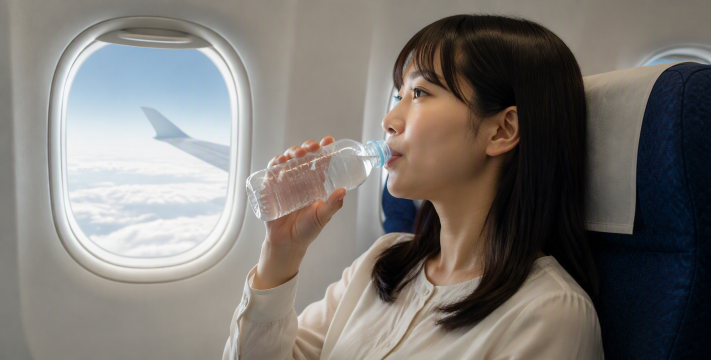 機内で水を飲む人