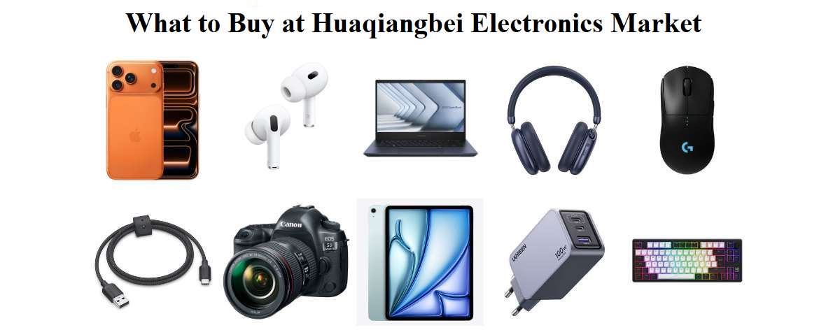 Infographic "What to buy in Huaqiangbei?" with icons of an iPhone, headphones, laptop, camera, tablet, charger, and keyboard