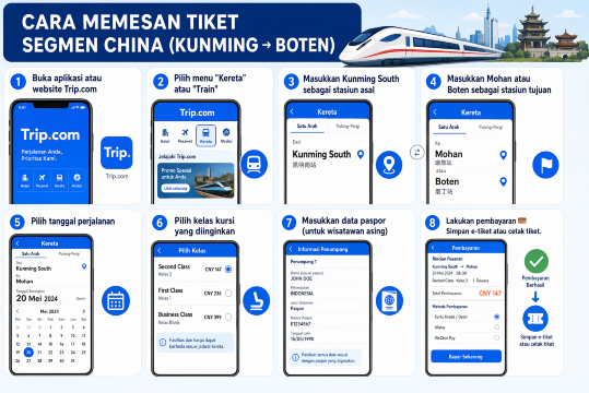 Cara Memesan Tiket Segmen China (Kunming → Boten):
Buka aplikasi atau website Trip.com 📱
Pilih menu "Kereta" atau "Train"
Masukkan Kunming South sebagai stasiun asal
Masukkan Mohan atau Boten sebagai stasiun tujuan
Pilih tanggal perjalanan
Pilih kelas kursi yang diinginkan
Masukkan data paspor (untuk wisatawan asing)
Lakukan pembayaran 💳
Simpan e-tiket atau cetak tiket