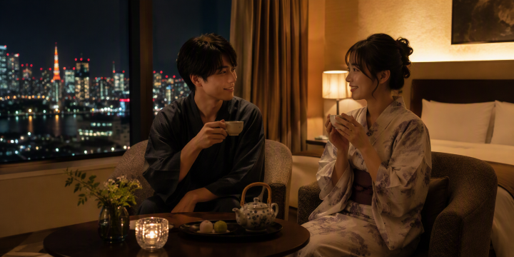 夜のホテルでお茶を飲むカップル