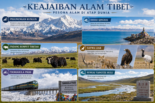 🏔️ Pegunungan Kunlun — Rangkaian pegunungan megah dengan puncak bersalju abadi
🦅 Danau Qinghai (Qinghai Lake) — Danau air asin terbesar di China, berwarna biru memukau
🦙 Padang Rumput Tibetan — Hamparan hijau tak bertepi dengan kawanan yak liar
🦅 Satwa Liar — Kesempatan melihat antelop Tibet (chiru), rubah Tibet, dan burung langka
❄️ Tanggula Pass — Titik tertinggi jalur kereta di dunia, suasana bak berada di atas awan
🌊 Sungai Yangtze Hulu — Aliran sungai terpanjang Asia di sumbernya yang murni