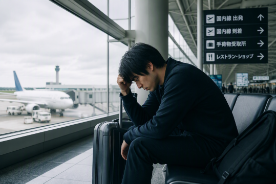 空港で落ち込む日本人