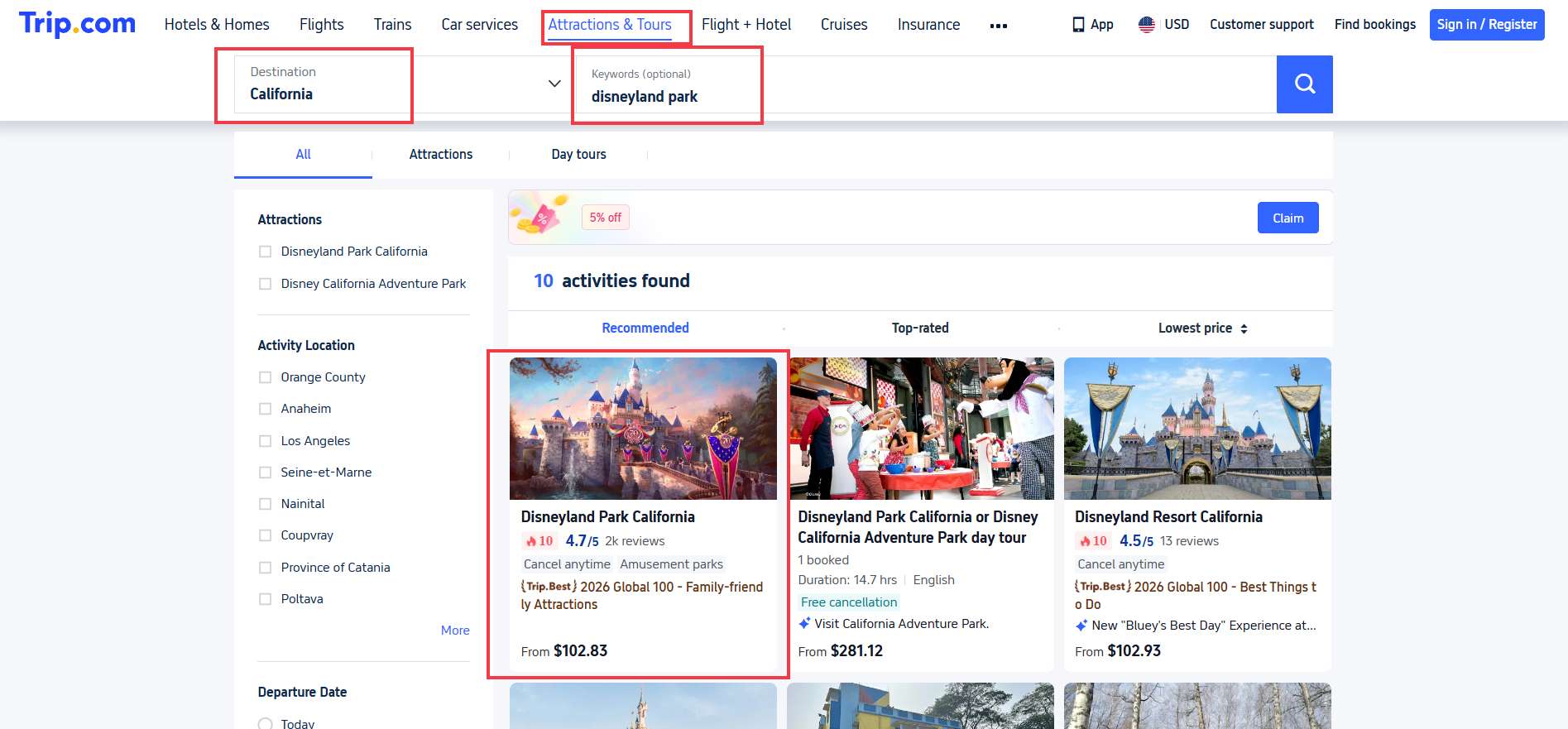 Search "Disneyland Park" on Trip.com