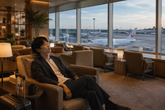 空港ラウンジの日本人