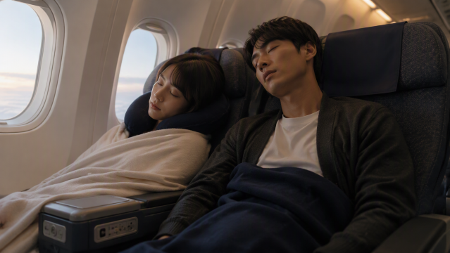 機内で眠るカップル