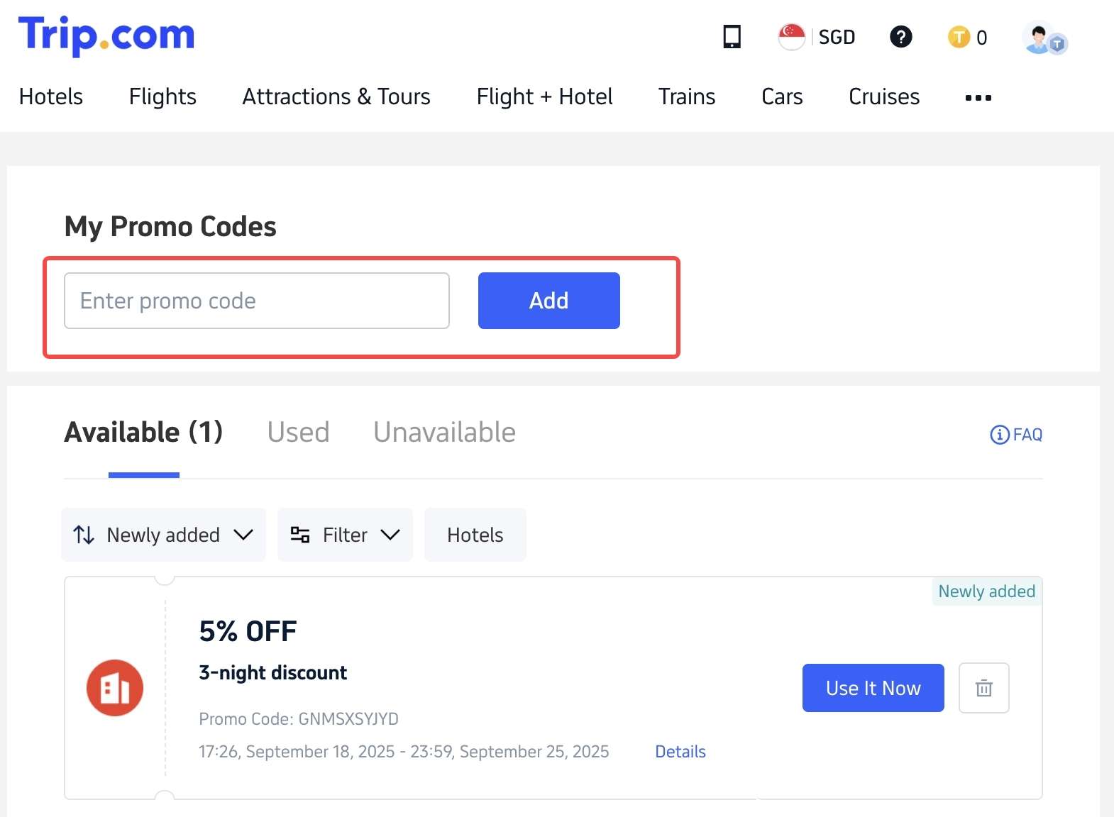 trip.com desktop promo code page