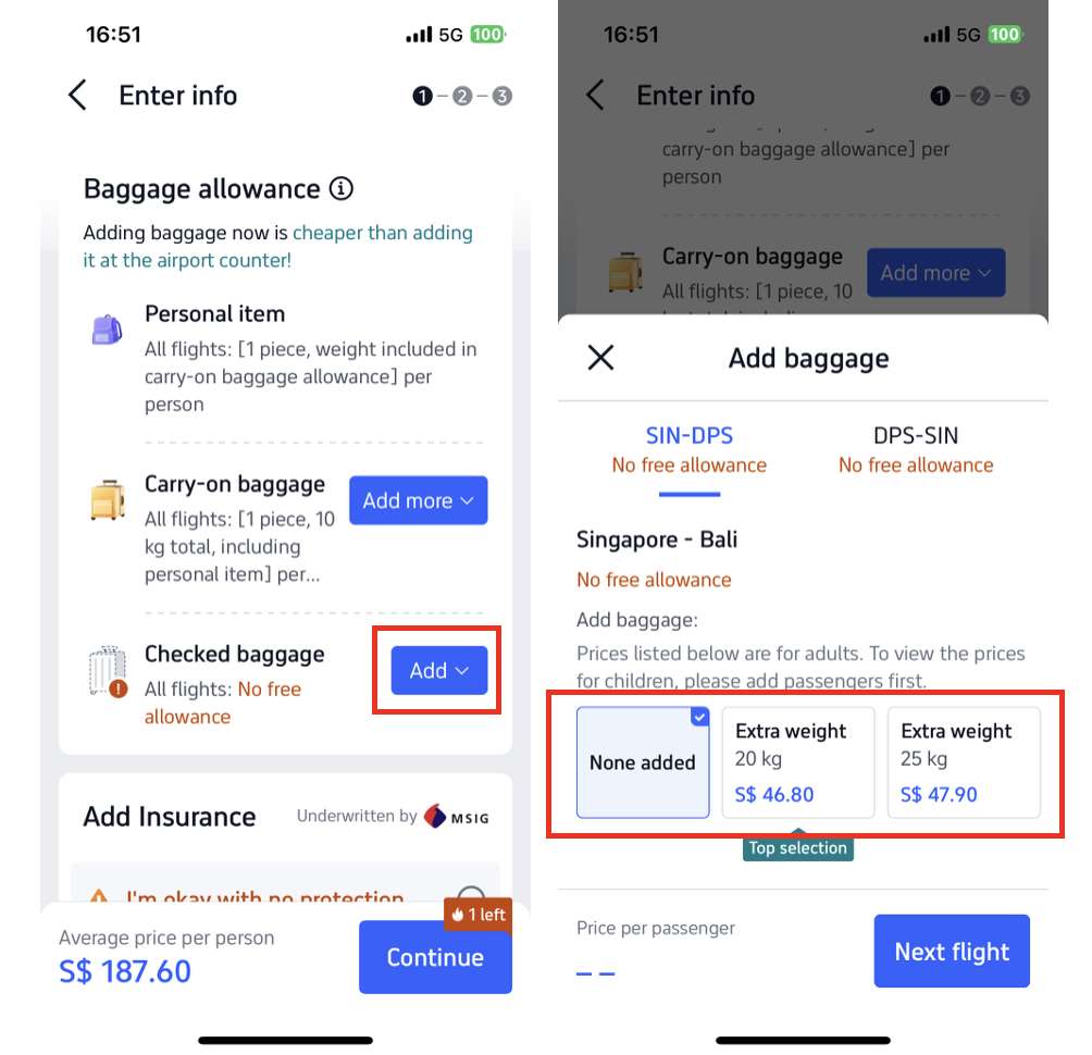 trip.com app add on baggage
