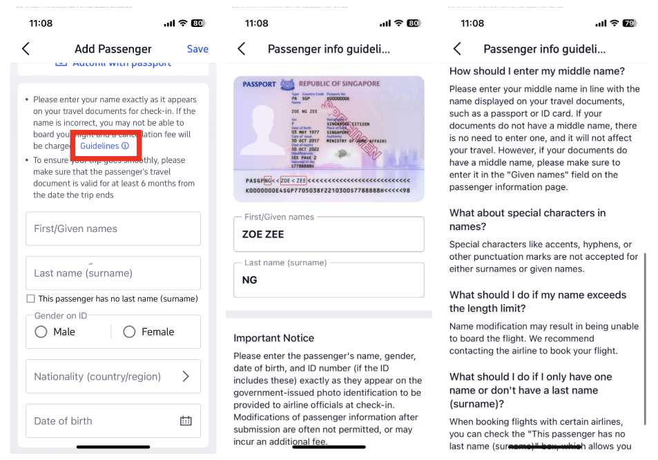 trip.com app pages to check name guidelines