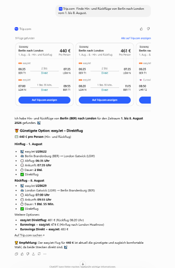 Wie suche ich mit Trip.com in ChatGPT nach Flügen?