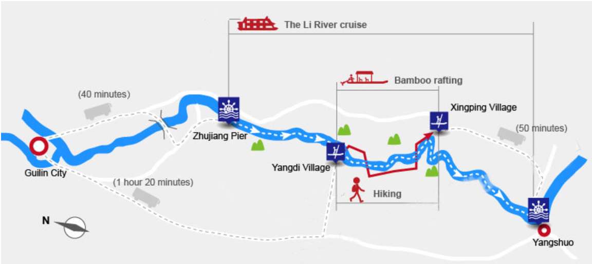 Li River Cruise Route Map: Guilin to Yangshuo, Pier by Pier