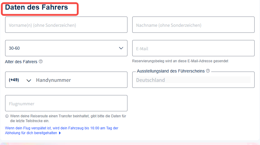 Daten des Fahrers