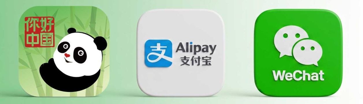 Логотипы платёжных приложений Китая Nihao China, Alipay и WeChat Pay на одном баннере