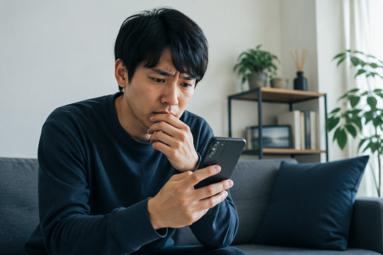 スマホを持つ不安な男性