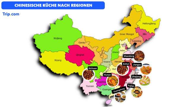 Karte von China mit den wichtigsten kulinarischen Regionen wie Sichuan, Hunan und Kanton, ergänzt durch typische Gerichte