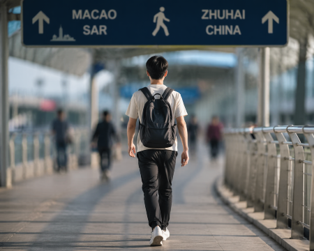 生成一张步行图,从澳门去珠海步行通关,背景模糊,仅突出步行即可