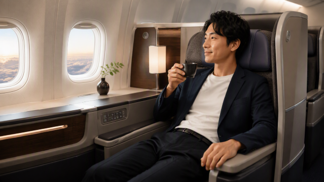 飛行機で荷物をしまう日本人カップル、横長サイズ、文字は入れない