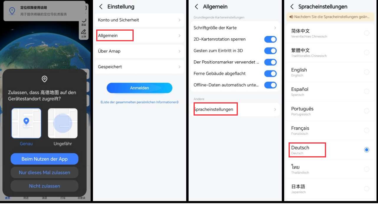 Amap: Spracheinstellungen