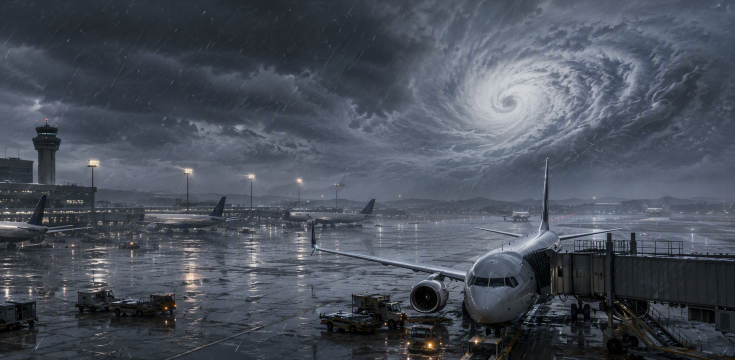 台風下の空港待機機