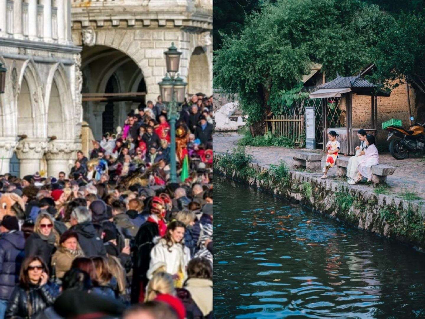 A split-screen graphic comparing a crowded "over-toured" landmark with a serene, Trip.com-recommended rural retreat