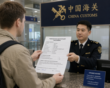向中国海关申报，填写海关申报单并交给海关官员。