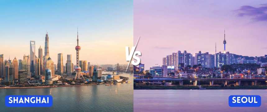 Shanghai vs Seoul: Pudong skyscrapers at sunset and skyline comparison with Namsan Tower