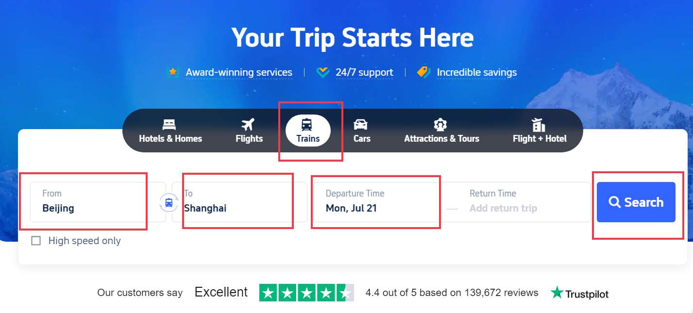 How to Buy China Train Ticket on Trip.com | Click "Trains" on Home Page