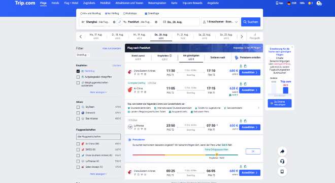 Die Flugbuchungsoberfläche der offiziellen Website von Trip