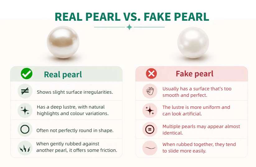 "Real vs. Faux Pearl" comparison infographic featuring surface, lustre, shape, and texture characteristics for each type