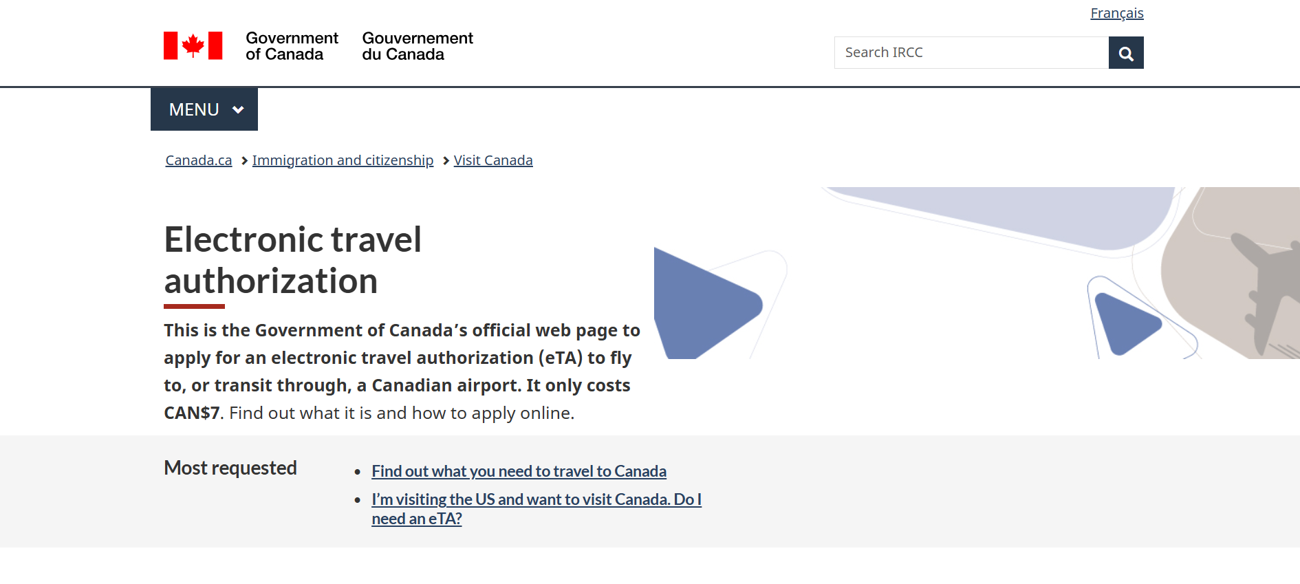 Canada ETA website