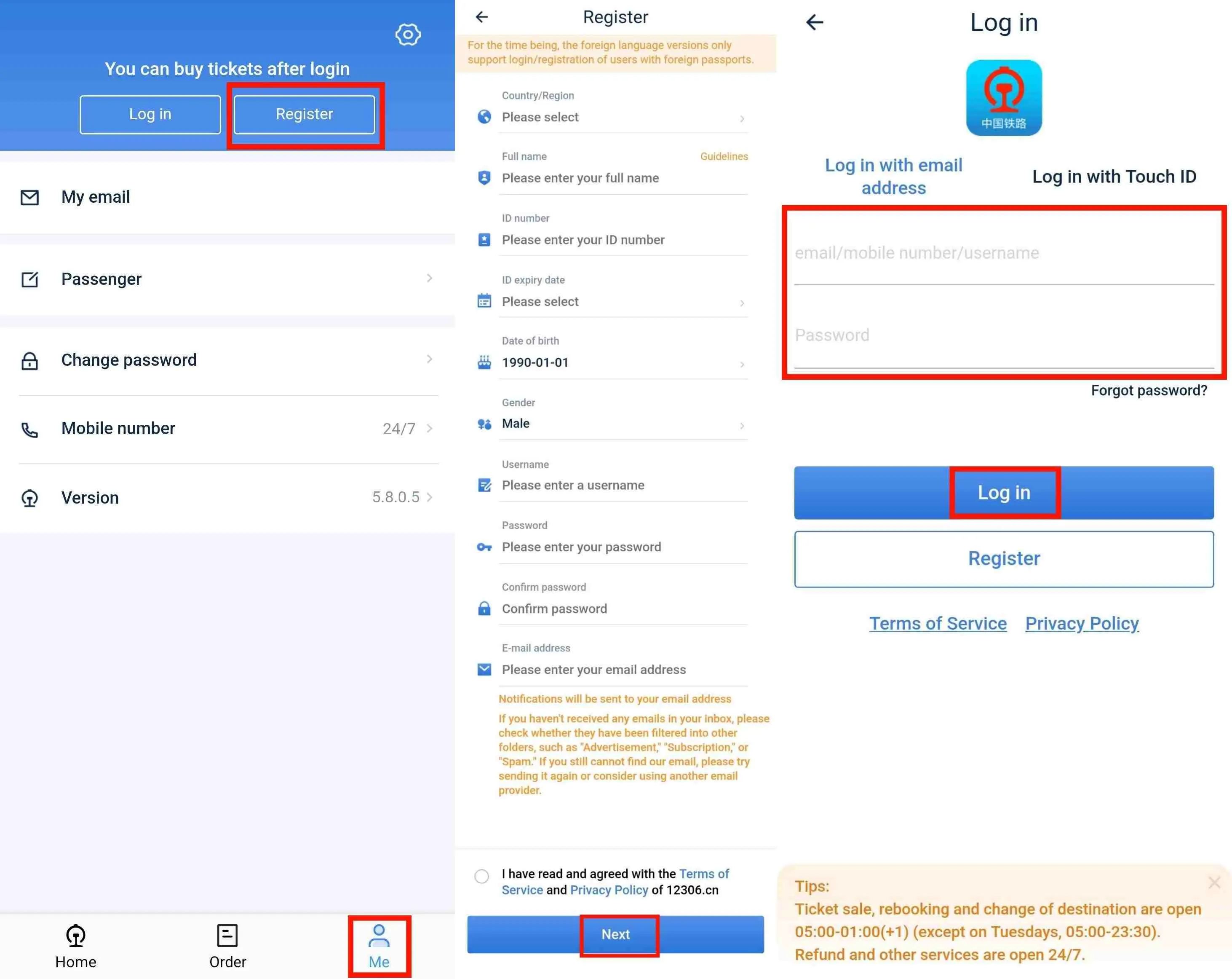 Đăng ký & Đăng nhập app đặt vé tàu Trung Quốc