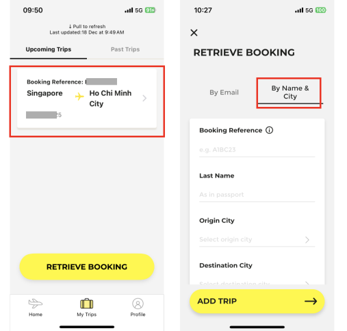 scoot app retrieve booking page