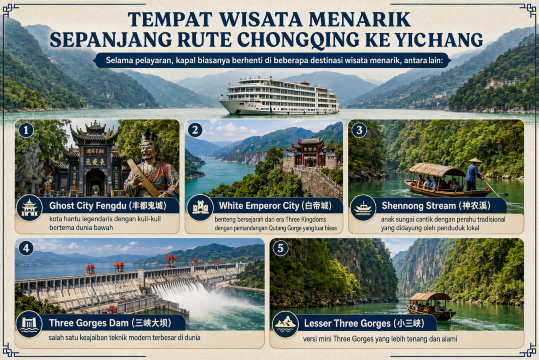 🎯 Tempat Wisata Menarik Sepanjang Rute Chongqing ke Yichang
Selama pelayaran, kapal biasanya berhenti di beberapa destinasi wisata menarik, antara lain:
🏛️ Ghost City Fengdu (丰都鬼城) — kota hantu legendaris dengan kuil-kuil bertema dunia bawah
🏰 White Emperor City (白帝城) — benteng bersejarah dari era Three Kingdoms dengan pemandangan Qutang Gorge yang luar biasa
🛶 Shennong Stream (神农溪) — anak sungai cantik dengan perahu tradisional yang didayung oleh penduduk lokal
🌊 Three Gorges Dam (三峡大坝) — salah satu keajaiban teknik modern terbesar di dunia
🏮 Lesser Three Gorges (小三峡) — versi mini Three Gorges yang lebih tenang dan alami