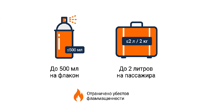 Аэрозоли в багажеЛимиты провоза аэрозолей в багаже: до 500 мл на флакон и 2 литра на пассажира