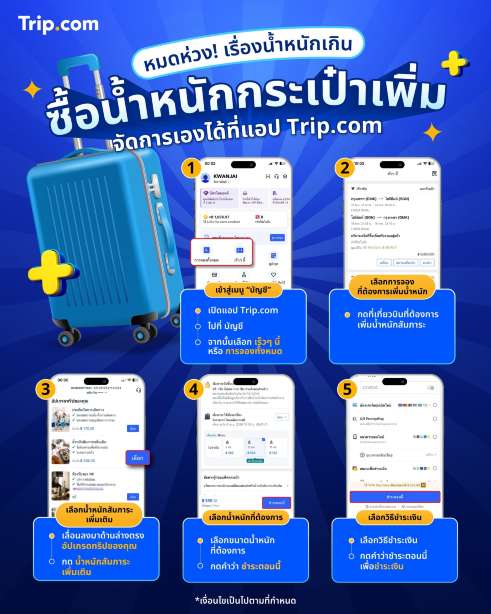 ขั้นตอนซื้อน้ำหนักกระเป๋าเพิ่มในแอป Trip.com