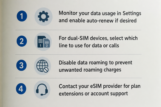 give me photo of these words step by step
Monitor your data usage in Settings and enable auto-renew if desired
For dual-SIM devices, select which line to use for data or calls
Disable data roaming to prevent unwanted roaming charges
Contact your eSIM provider for plan extensions or account support